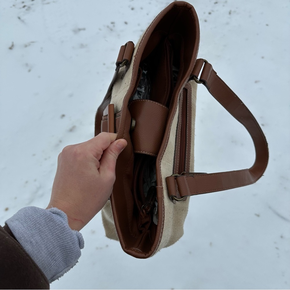 St. John’s Bay Vintage Cavas Leather Boho Buckle Tote Shoulder Neutral Bag Purse - Picture 5 of 9
